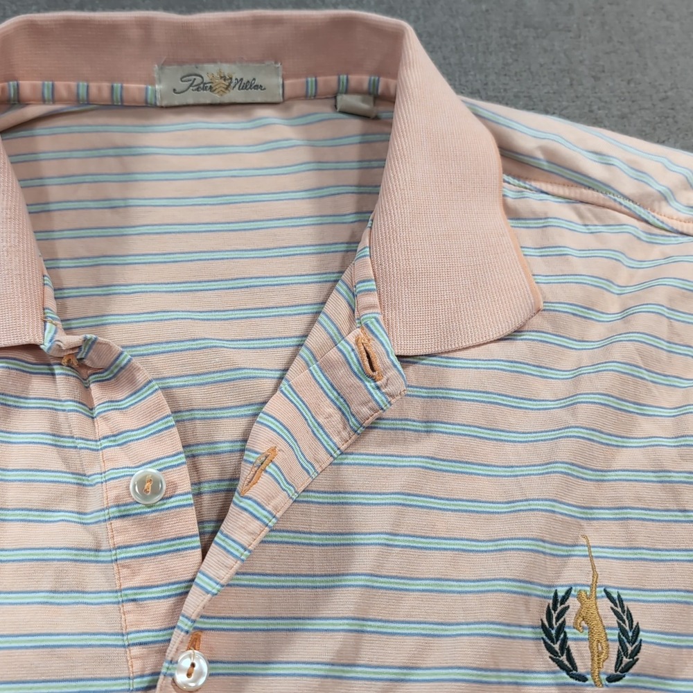 Peter Millar Comfort Polo Shirt Mens L‎ Peach Striped Golf Activewear Pink - Picture 2 of 9